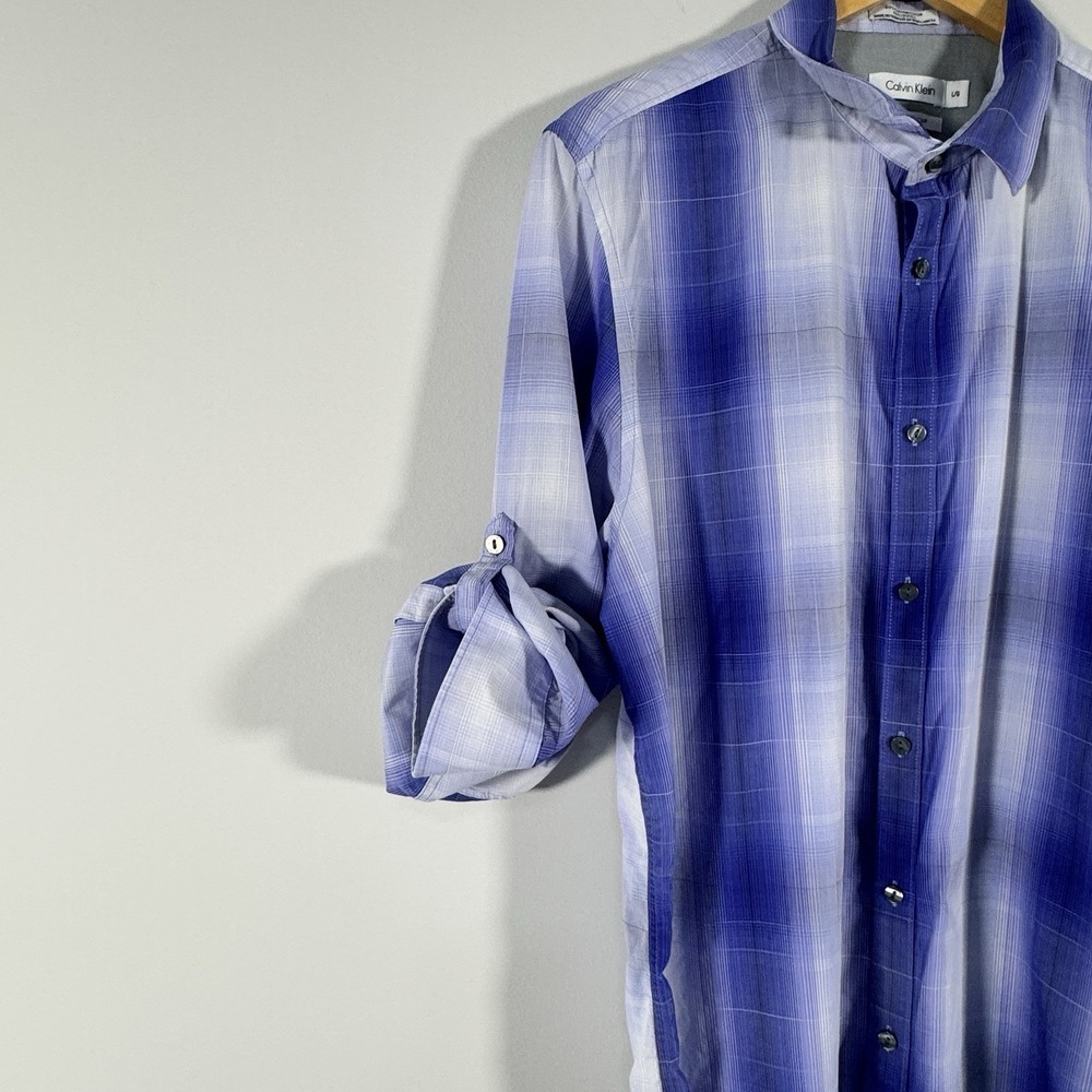 Calvin Klein Mens‎ Purple Plaid Button Down Shirt Cotton Tencel Long Sleeve L - Picture 3 of 13